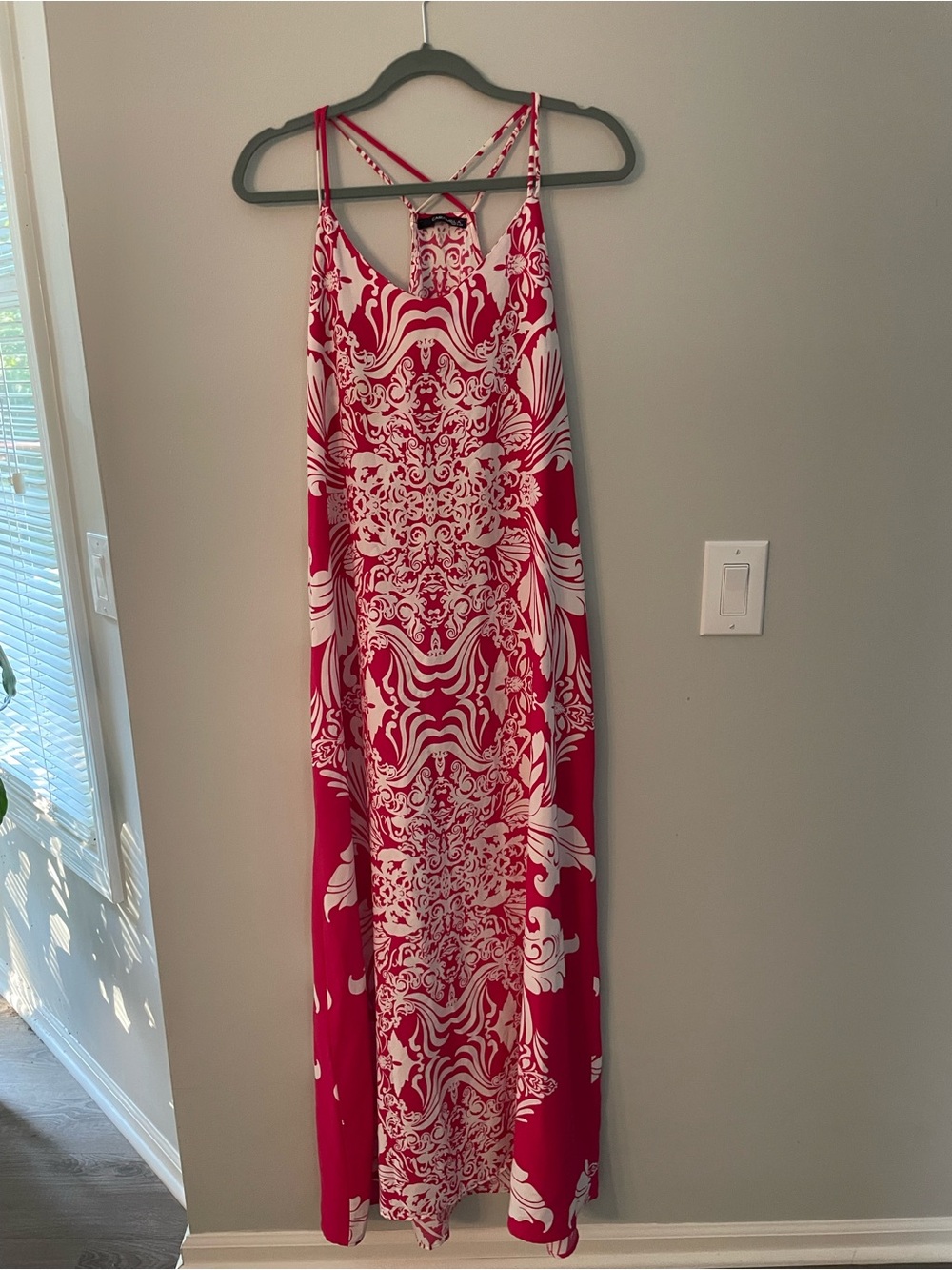 Women's Red and White Printed Maxi Dress - Sleeveless Strappy Style size L